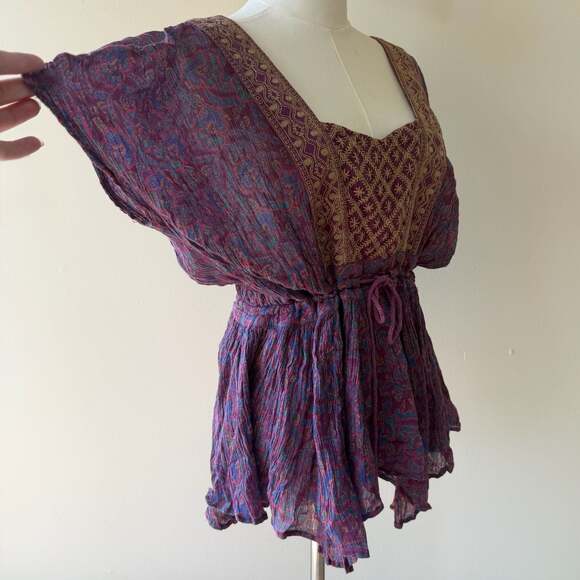 Free People Purple Paisley Embroidered Drawstring Waist Boho Blouse - Picture 6 of 12